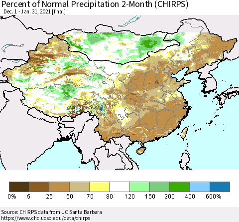 China, Mongolia and Taiwan Percent of Normal Precipitation 2-Month (CHIRPS) Thematic Map For 12/1/2020 - 1/31/2021