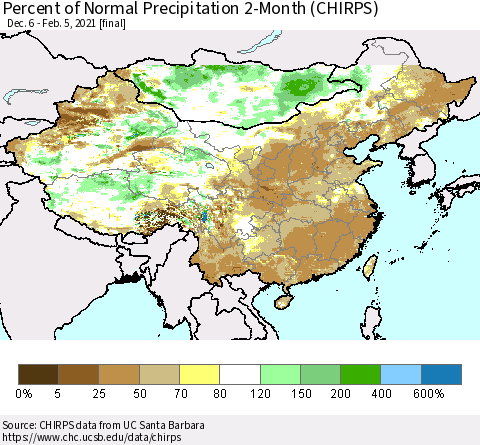 China, Mongolia and Taiwan Percent of Normal Precipitation 2-Month (CHIRPS) Thematic Map For 12/6/2020 - 2/5/2021