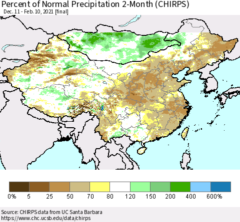 China, Mongolia and Taiwan Percent of Normal Precipitation 2-Month (CHIRPS) Thematic Map For 12/11/2020 - 2/10/2021
