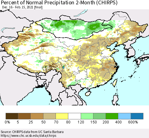 China, Mongolia and Taiwan Percent of Normal Precipitation 2-Month (CHIRPS) Thematic Map For 12/16/2020 - 2/15/2021