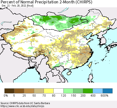 China, Mongolia and Taiwan Percent of Normal Precipitation 2-Month (CHIRPS) Thematic Map For 12/21/2020 - 2/20/2021