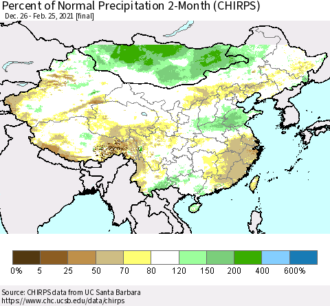 China, Mongolia and Taiwan Percent of Normal Precipitation 2-Month (CHIRPS) Thematic Map For 12/26/2020 - 2/25/2021