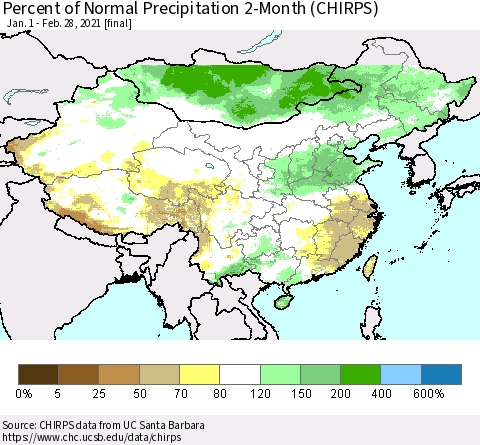 China, Mongolia and Taiwan Percent of Normal Precipitation 2-Month (CHIRPS) Thematic Map For 1/1/2021 - 2/28/2021