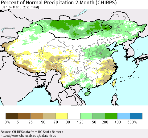 China, Mongolia and Taiwan Percent of Normal Precipitation 2-Month (CHIRPS) Thematic Map For 1/6/2021 - 3/5/2021