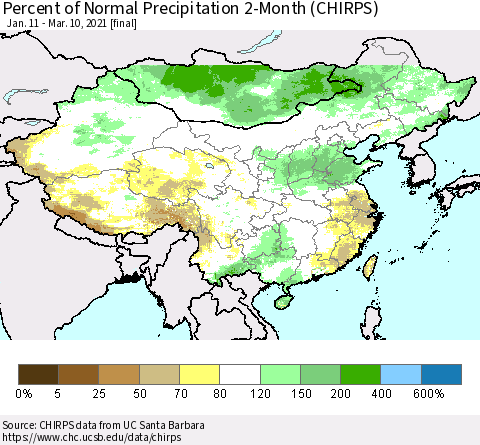 China, Mongolia and Taiwan Percent of Normal Precipitation 2-Month (CHIRPS) Thematic Map For 1/11/2021 - 3/10/2021
