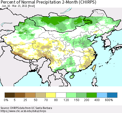 China, Mongolia and Taiwan Percent of Normal Precipitation 2-Month (CHIRPS) Thematic Map For 1/16/2021 - 3/15/2021