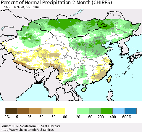 China, Mongolia and Taiwan Percent of Normal Precipitation 2-Month (CHIRPS) Thematic Map For 1/21/2021 - 3/20/2021