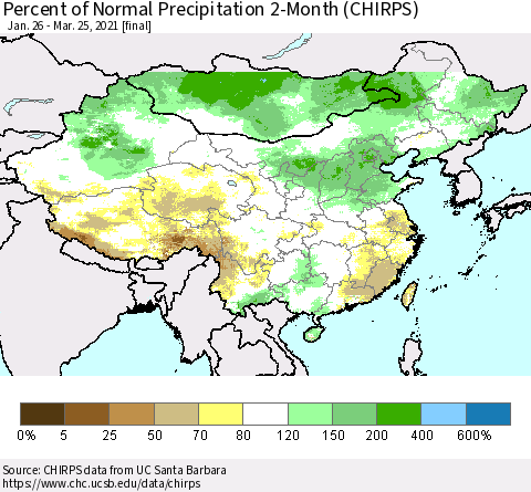 China, Mongolia and Taiwan Percent of Normal Precipitation 2-Month (CHIRPS) Thematic Map For 1/26/2021 - 3/25/2021