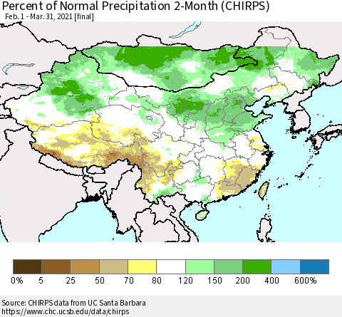 China, Mongolia and Taiwan Percent of Normal Precipitation 2-Month (CHIRPS) Thematic Map For 2/1/2021 - 3/31/2021