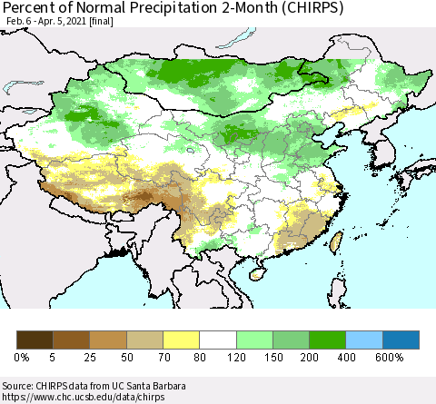 China, Mongolia and Taiwan Percent of Normal Precipitation 2-Month (CHIRPS) Thematic Map For 2/6/2021 - 4/5/2021