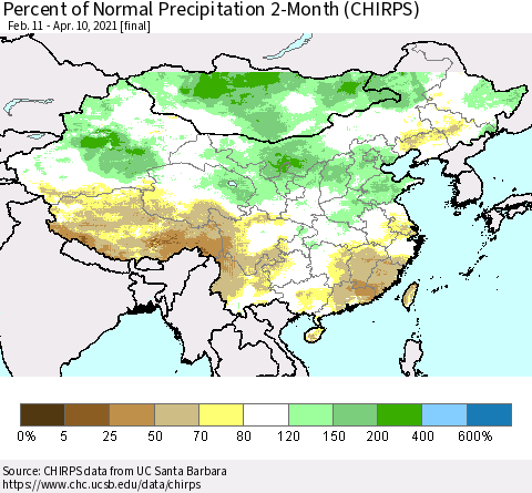 China, Mongolia and Taiwan Percent of Normal Precipitation 2-Month (CHIRPS) Thematic Map For 2/11/2021 - 4/10/2021