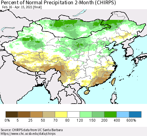 China, Mongolia and Taiwan Percent of Normal Precipitation 2-Month (CHIRPS) Thematic Map For 2/16/2021 - 4/15/2021