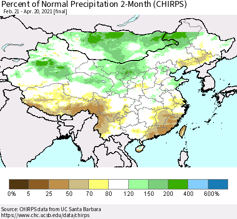 China, Mongolia and Taiwan Percent of Normal Precipitation 2-Month (CHIRPS) Thematic Map For 2/21/2021 - 4/20/2021
