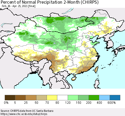 China, Mongolia and Taiwan Percent of Normal Precipitation 2-Month (CHIRPS) Thematic Map For 2/26/2021 - 4/25/2021