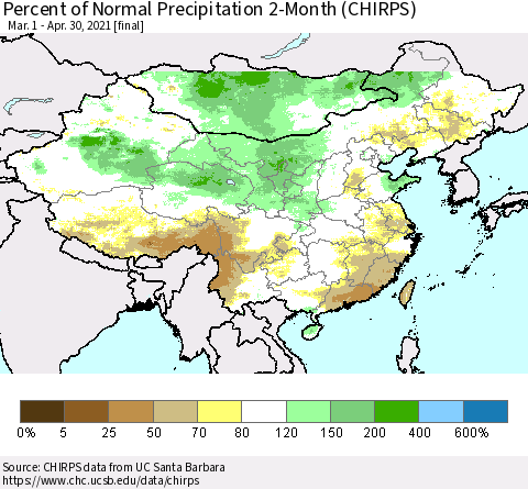 China, Mongolia and Taiwan Percent of Normal Precipitation 2-Month (CHIRPS) Thematic Map For 3/1/2021 - 4/30/2021
