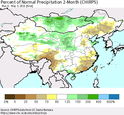China, Mongolia and Taiwan Percent of Normal Precipitation 2-Month (CHIRPS) Thematic Map For 3/6/2021 - 5/5/2021