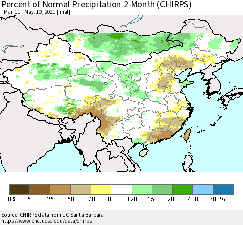 China, Mongolia and Taiwan Percent of Normal Precipitation 2-Month (CHIRPS) Thematic Map For 3/11/2021 - 5/10/2021