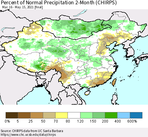 China, Mongolia and Taiwan Percent of Normal Precipitation 2-Month (CHIRPS) Thematic Map For 3/16/2021 - 5/15/2021