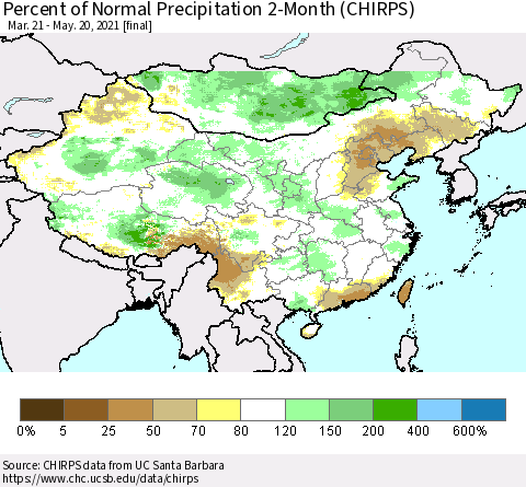 China, Mongolia and Taiwan Percent of Normal Precipitation 2-Month (CHIRPS) Thematic Map For 3/21/2021 - 5/20/2021