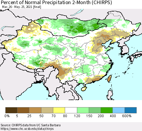 China, Mongolia and Taiwan Percent of Normal Precipitation 2-Month (CHIRPS) Thematic Map For 3/26/2021 - 5/25/2021