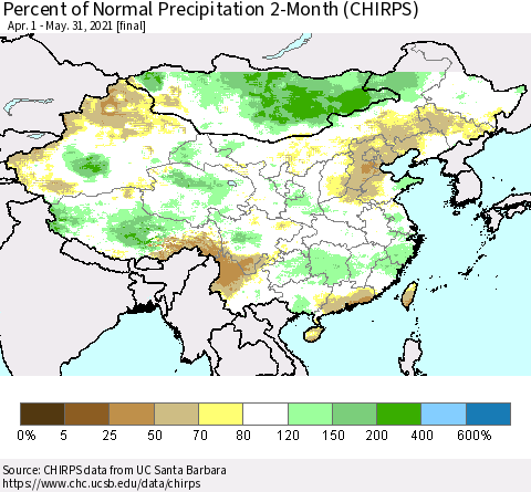 China, Mongolia and Taiwan Percent of Normal Precipitation 2-Month (CHIRPS) Thematic Map For 4/1/2021 - 5/31/2021