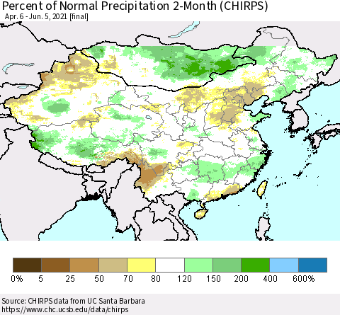 China, Mongolia and Taiwan Percent of Normal Precipitation 2-Month (CHIRPS) Thematic Map For 4/6/2021 - 6/5/2021