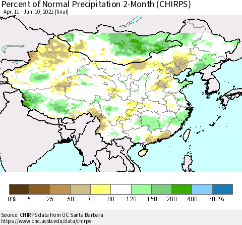 China, Mongolia and Taiwan Percent of Normal Precipitation 2-Month (CHIRPS) Thematic Map For 4/11/2021 - 6/10/2021