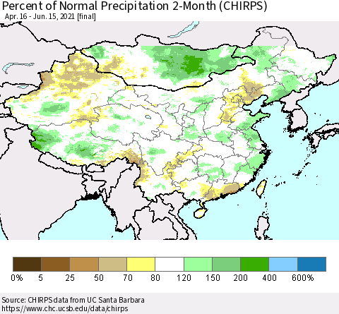 China, Mongolia and Taiwan Percent of Normal Precipitation 2-Month (CHIRPS) Thematic Map For 4/16/2021 - 6/15/2021