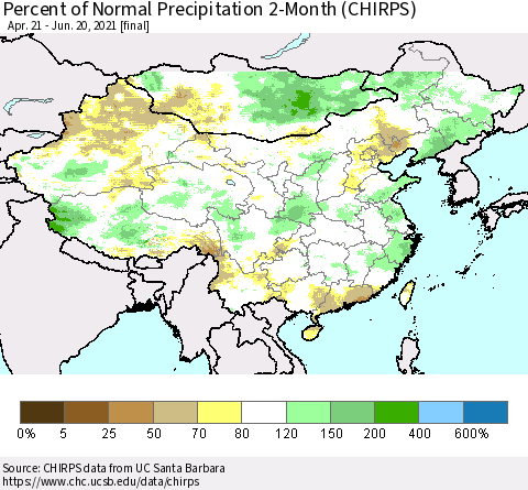 China, Mongolia and Taiwan Percent of Normal Precipitation 2-Month (CHIRPS) Thematic Map For 4/21/2021 - 6/20/2021