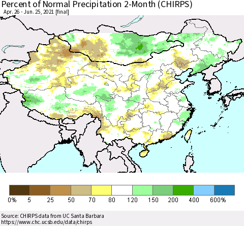 China, Mongolia and Taiwan Percent of Normal Precipitation 2-Month (CHIRPS) Thematic Map For 4/26/2021 - 6/25/2021