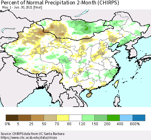 China, Mongolia and Taiwan Percent of Normal Precipitation 2-Month (CHIRPS) Thematic Map For 5/1/2021 - 6/30/2021