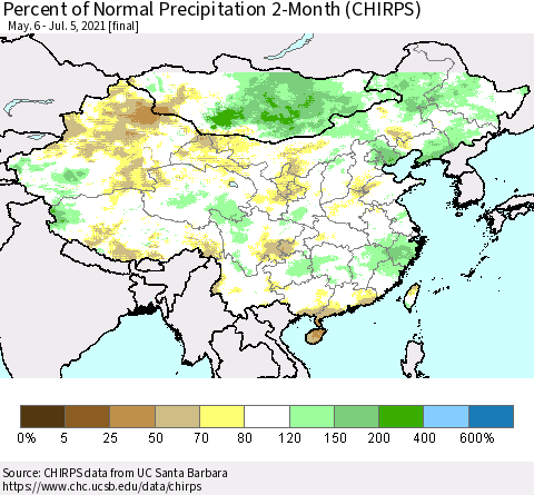 China, Mongolia and Taiwan Percent of Normal Precipitation 2-Month (CHIRPS) Thematic Map For 5/6/2021 - 7/5/2021