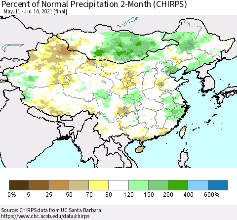 China, Mongolia and Taiwan Percent of Normal Precipitation 2-Month (CHIRPS) Thematic Map For 5/11/2021 - 7/10/2021