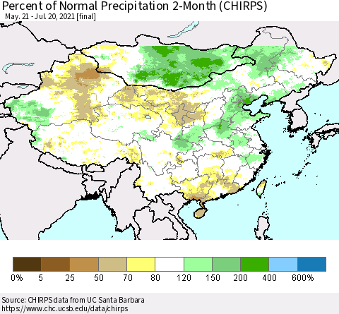 China, Mongolia and Taiwan Percent of Normal Precipitation 2-Month (CHIRPS) Thematic Map For 5/21/2021 - 7/20/2021