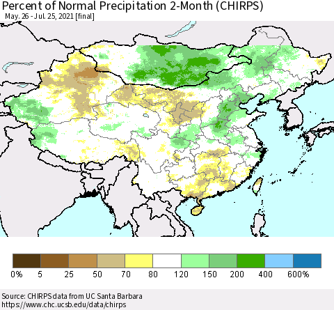 China, Mongolia and Taiwan Percent of Normal Precipitation 2-Month (CHIRPS) Thematic Map For 5/26/2021 - 7/25/2021
