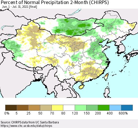 China, Mongolia and Taiwan Percent of Normal Precipitation 2-Month (CHIRPS) Thematic Map For 6/1/2021 - 7/31/2021