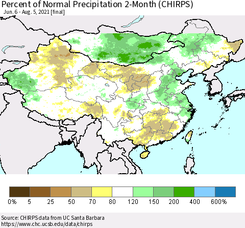 China, Mongolia and Taiwan Percent of Normal Precipitation 2-Month (CHIRPS) Thematic Map For 6/6/2021 - 8/5/2021