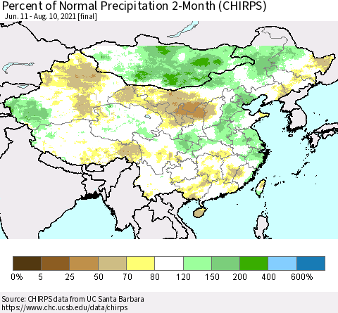 China, Mongolia and Taiwan Percent of Normal Precipitation 2-Month (CHIRPS) Thematic Map For 6/11/2021 - 8/10/2021