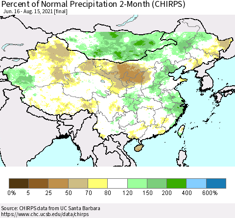 China, Mongolia and Taiwan Percent of Normal Precipitation 2-Month (CHIRPS) Thematic Map For 6/16/2021 - 8/15/2021
