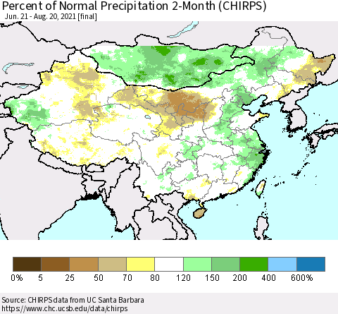 China, Mongolia and Taiwan Percent of Normal Precipitation 2-Month (CHIRPS) Thematic Map For 6/21/2021 - 8/20/2021