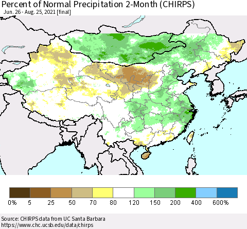 China, Mongolia and Taiwan Percent of Normal Precipitation 2-Month (CHIRPS) Thematic Map For 6/26/2021 - 8/25/2021