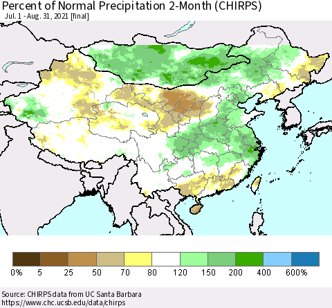 China, Mongolia and Taiwan Percent of Normal Precipitation 2-Month (CHIRPS) Thematic Map For 7/1/2021 - 8/31/2021