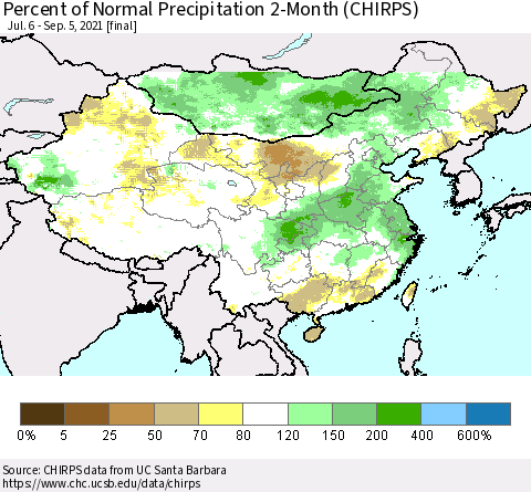 China, Mongolia and Taiwan Percent of Normal Precipitation 2-Month (CHIRPS) Thematic Map For 7/6/2021 - 9/5/2021