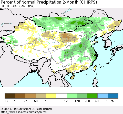 China, Mongolia and Taiwan Percent of Normal Precipitation 2-Month (CHIRPS) Thematic Map For 7/11/2021 - 9/10/2021
