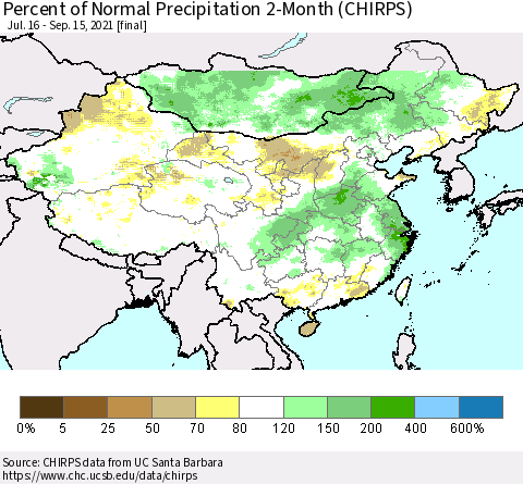 China, Mongolia and Taiwan Percent of Normal Precipitation 2-Month (CHIRPS) Thematic Map For 7/16/2021 - 9/15/2021