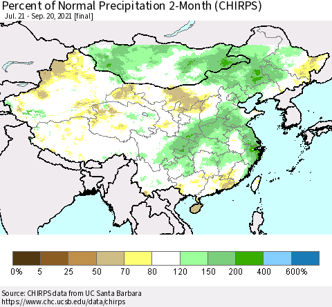 China, Mongolia and Taiwan Percent of Normal Precipitation 2-Month (CHIRPS) Thematic Map For 7/21/2021 - 9/20/2021