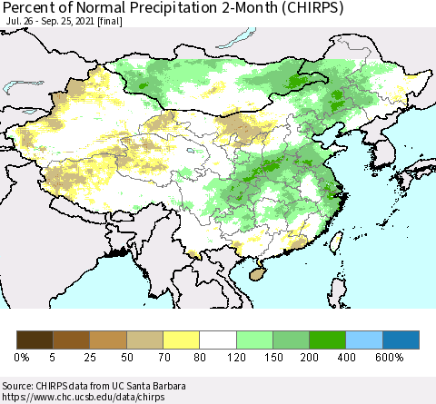 China, Mongolia and Taiwan Percent of Normal Precipitation 2-Month (CHIRPS) Thematic Map For 7/26/2021 - 9/25/2021