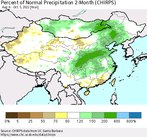 China, Mongolia and Taiwan Percent of Normal Precipitation 2-Month (CHIRPS) Thematic Map For 8/6/2021 - 10/5/2021