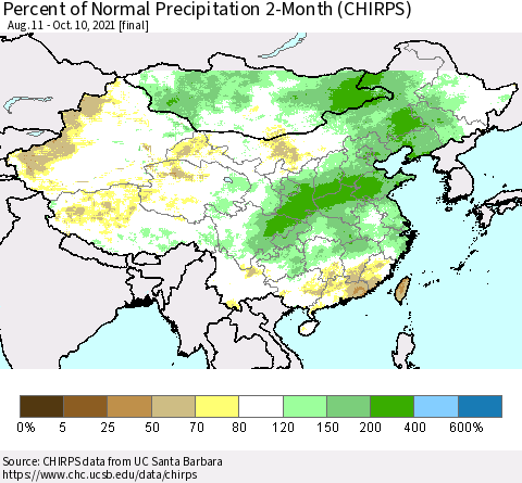 China, Mongolia and Taiwan Percent of Normal Precipitation 2-Month (CHIRPS) Thematic Map For 8/11/2021 - 10/10/2021