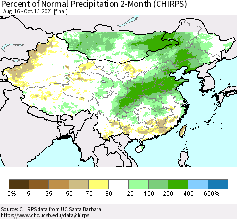 China, Mongolia and Taiwan Percent of Normal Precipitation 2-Month (CHIRPS) Thematic Map For 8/16/2021 - 10/15/2021